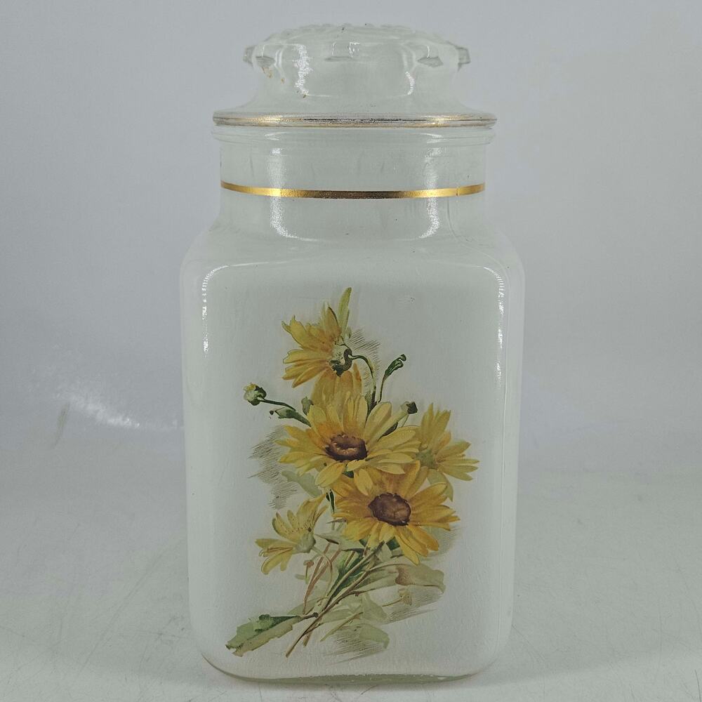 Vintage mid century white glass apothecary vanity jar daisy sunflower transfer